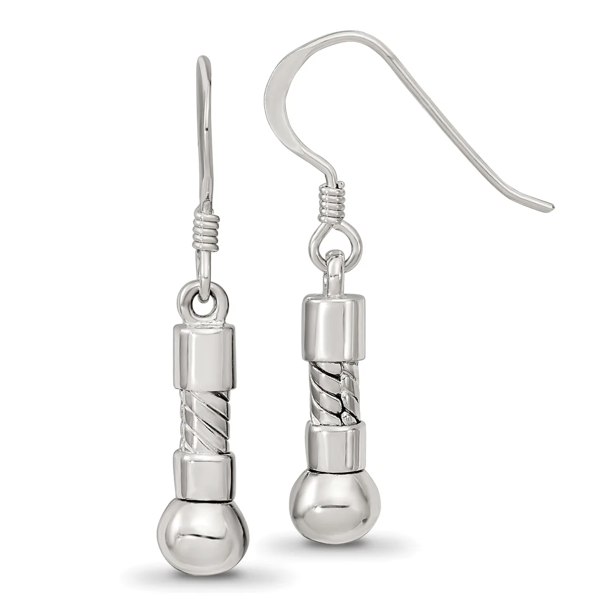A pair of sterling silver dangle earrings featuring polished spheres attached to twisted cylindrical sections, suspended from curved ear wires.