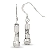 A pair of sterling silver dangle earrings featuring polished spheres attached to twisted cylindrical sections, suspended from curved ear wires.