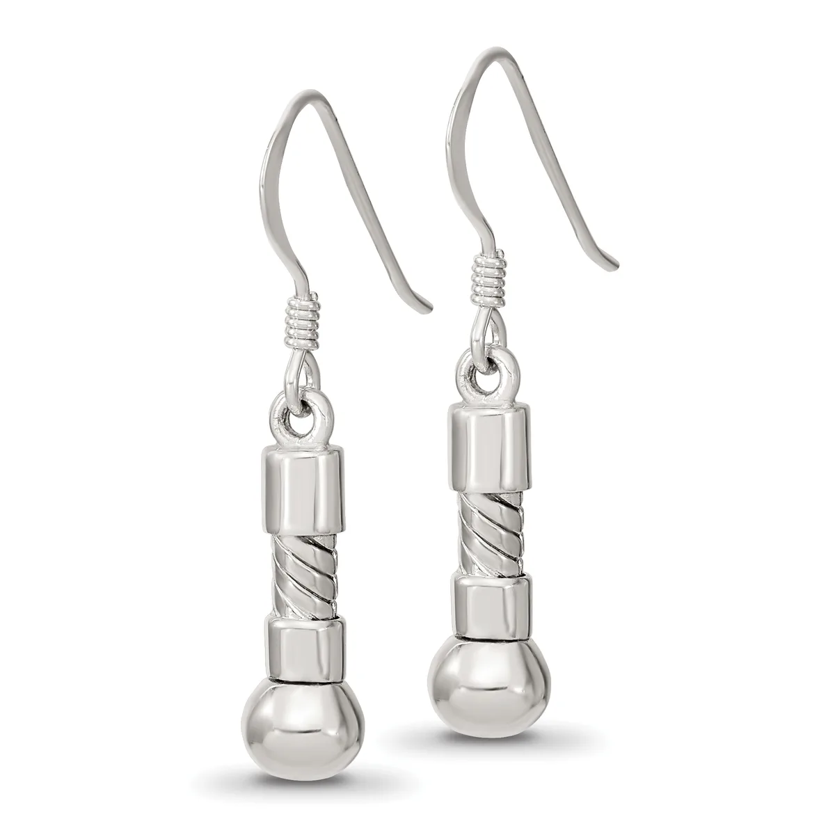 A pair of silver drop earrings with cylindrical twisted centers and spherical bottoms, suspended from curved ear wires.