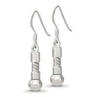 A pair of silver drop earrings with cylindrical twisted centers and spherical bottoms, suspended from curved ear wires.