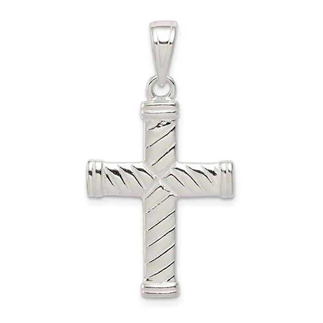 Sterling silver cross pendant with diagonal spiral texture pattern throughout, suspended from a bail loop at the top.