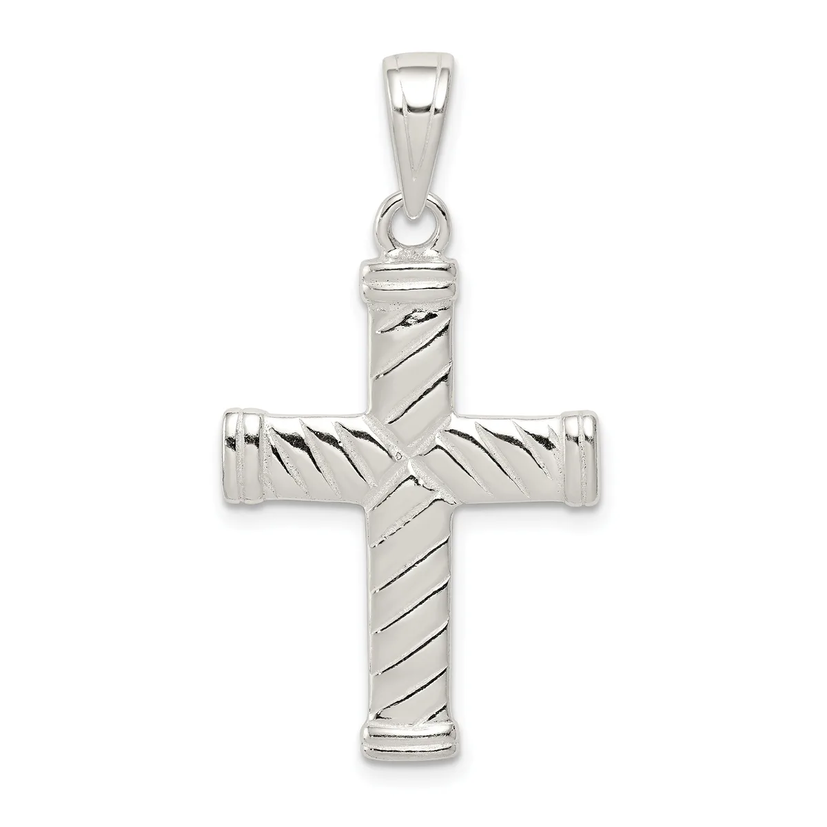 Sterling silver cross pendant with diagonal spiral texture pattern throughout, suspended from a bail loop at the top.