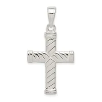 Sterling silver cross pendant with diagonal spiral texture pattern throughout, suspended from a bail loop at the top.