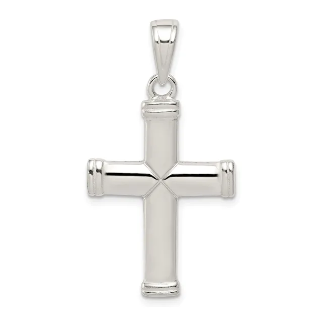 A polished silver cross pendant with cylindrical terminals at each end and a small loop bail at the top, shown against a white background.
