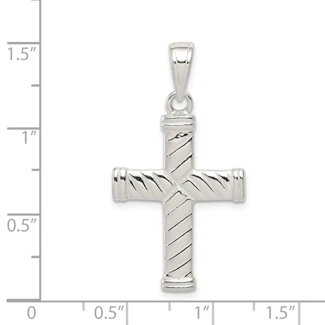 Silver cross pendant with diagonal twisted texture pattern throughout, shown against a measurement scale indicating approximately 1.5 inches in height.