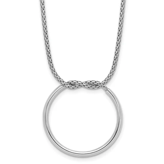 Silver chain necklace with a woven mesh design at the top and a large polished circular ring pendant hanging below.