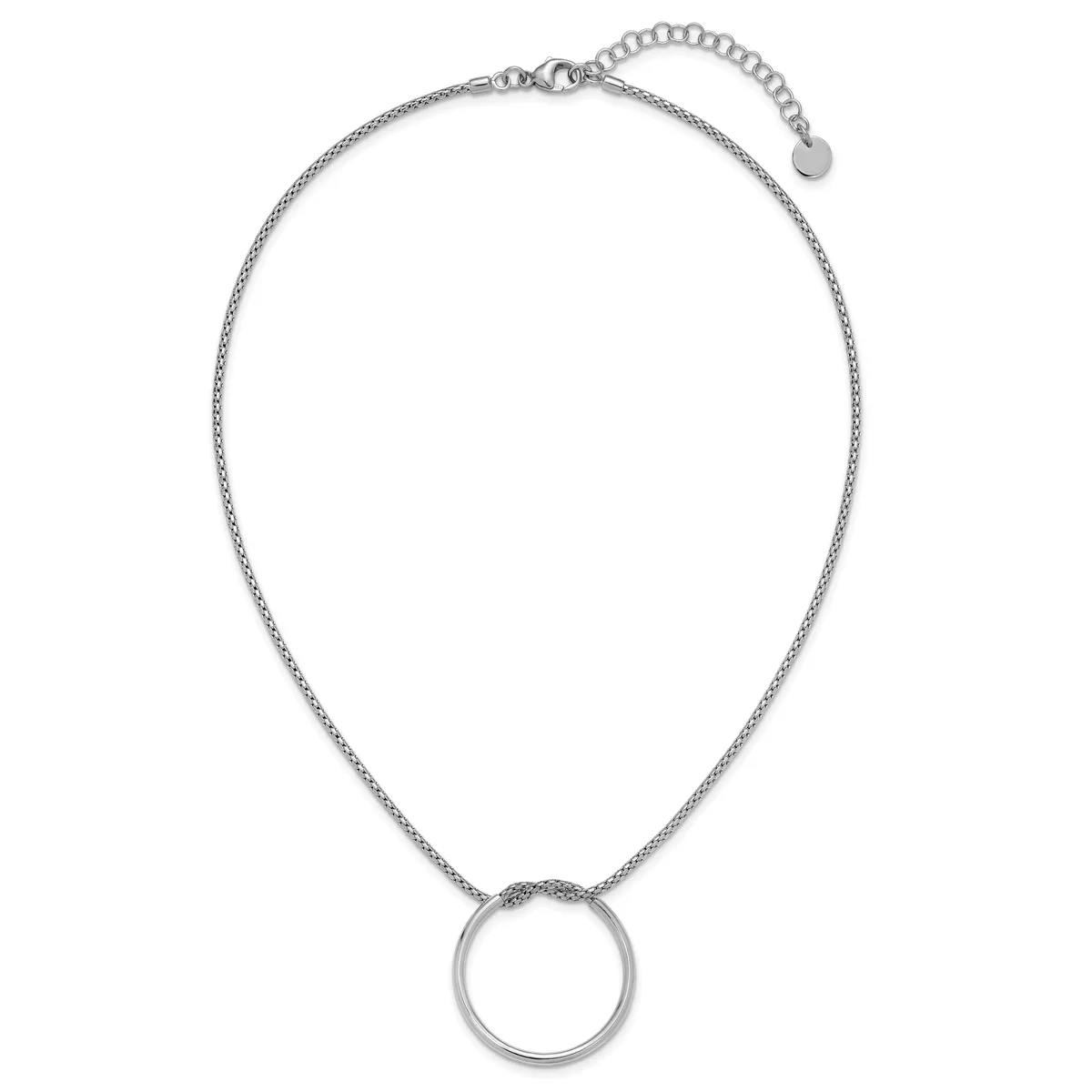 Silver-toned chain necklace with an adjustable extension chain and a simple circular pendant hanging at the center.