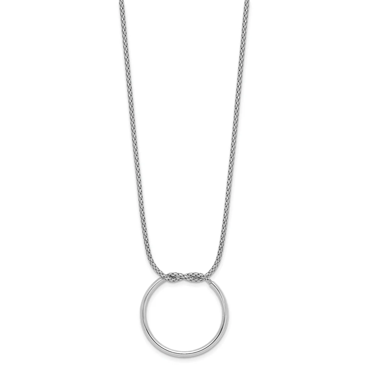 Silver mesh chain necklace with a hollow circular pendant hanging from the center.