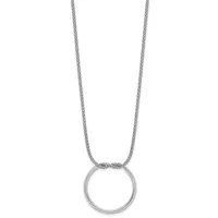 Silver mesh chain necklace with a hollow circular pendant hanging from the center.