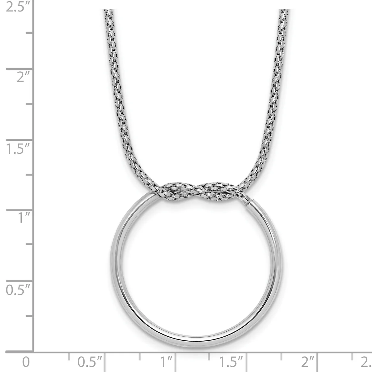 Silver necklace with a textured chain and a large circular ring pendant, displayed on a measurement scale showing approximately 2.5 inches in total length.