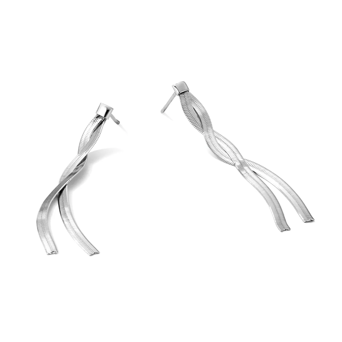 A pair of silver mesh ribbon earrings with twisted designs and stud posts, displayed against a white background.