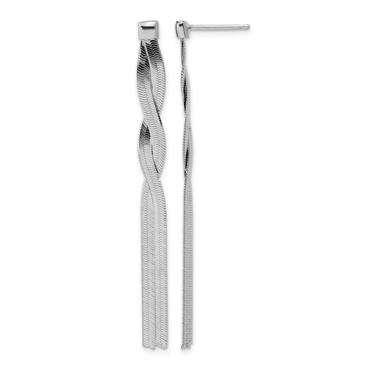 A pair of long silver-toned twisted ribbon drop earrings with post and clutch backs, shown from front and back views.