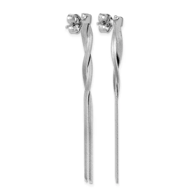 Pair of long silver twisted chain drop earrings with stud posts and butterfly backs, displayed vertically against a white background.