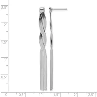 A pair of long tapered silver drop earrings with a twisted mesh texture, displayed against a measurement scale showing they are approximately two inches in length.