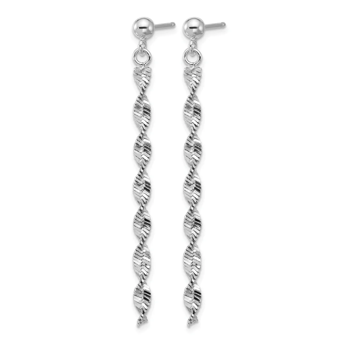 Pair of silver-toned drop earrings with twisted spiral chain links hanging from small ball studs.
