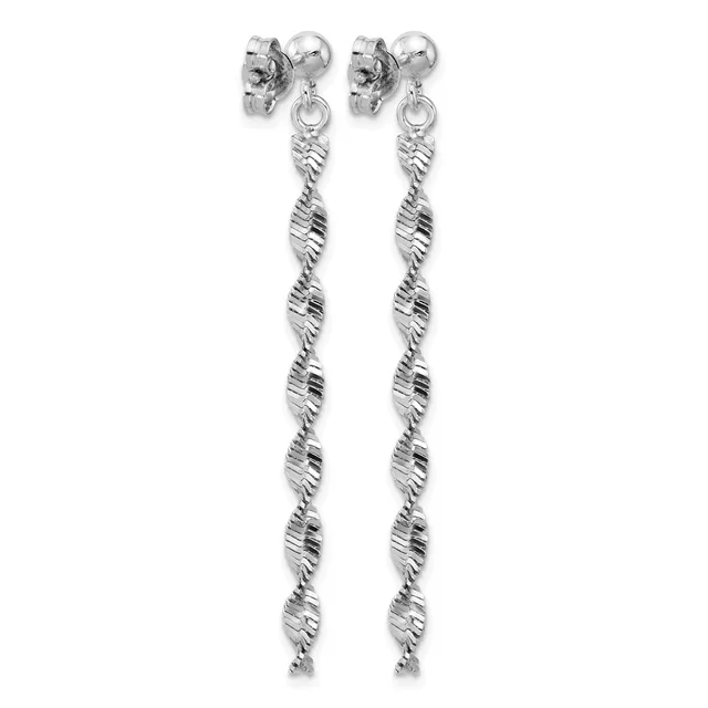 A pair of long silver dangle earrings with twisted rope-textured chains hanging from ball stud posts.