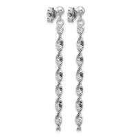 A pair of long silver dangle earrings with twisted rope-textured chains hanging from ball stud posts.