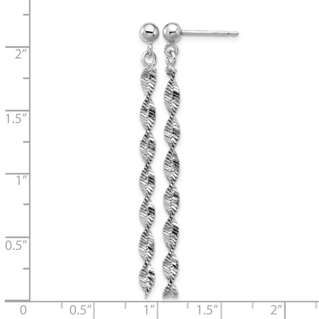 Silver twisted spiral dangle earrings with ball studs, shown on a measurement scale indicating approximately two inches in length.