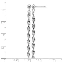 Silver twisted spiral dangle earrings with ball studs, shown on a measurement scale indicating approximately two inches in length.