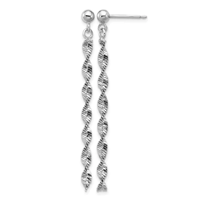 A pair of silver drop earrings with ball studs and long twisted spiral chain pendants hanging below.