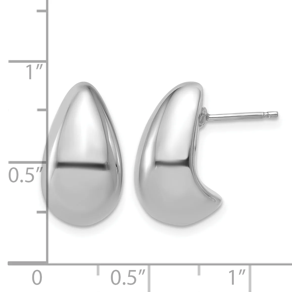 Pair of polished silver teardrop-shaped stud earrings shown with a ruler indicating approximately one inch in length.