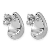A pair of polished silver teardrop-shaped hoop earrings with studs, shown from the front against a white background.