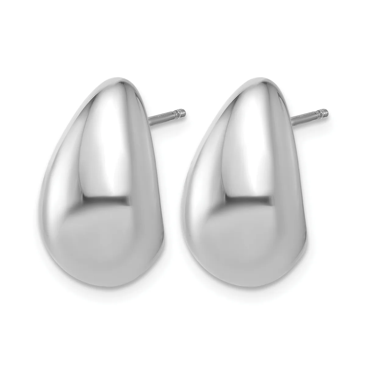 A pair of polished silver teardrop-shaped stud earrings with posts and backs, displayed against a white background.