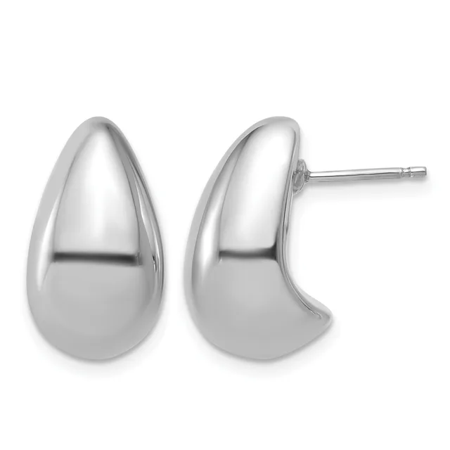 A pair of polished silver teardrop-shaped stud earrings, shown from front and side views.