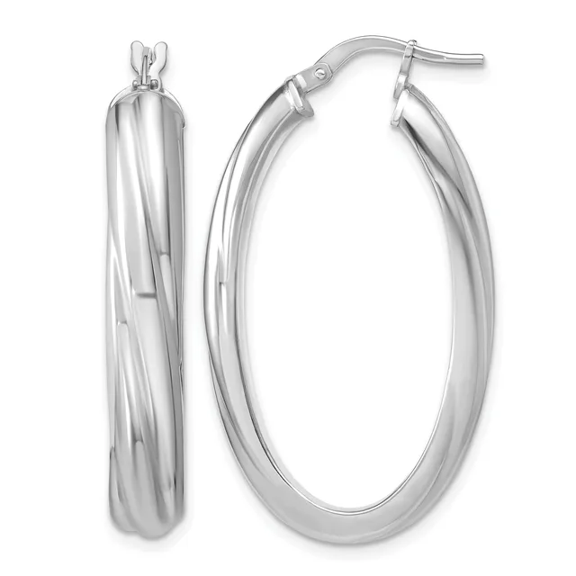 A pair of polished silver-toned hollow oval hoop earrings with hinged closures, shown from front and side views.