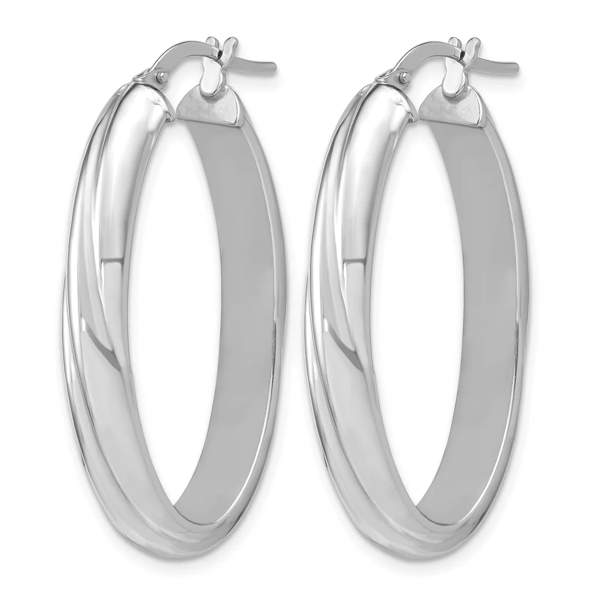 A pair of polished silver hoop earrings with a chunky, rounded profile and post-and-clutch closures, shown against a white background.