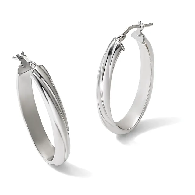 A pair of polished silver hoop earrings with a grooved center detail, shown from slightly different angles against a white background.