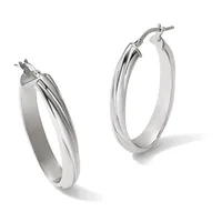 A pair of polished silver hoop earrings with a grooved center detail, shown from slightly different angles against a white background.