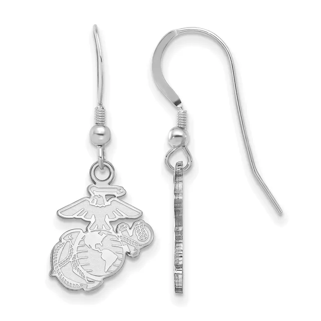 Pair of silver earrings with fish hook wires, each featuring a dangling Marine Corps emblem charm with an eagle, globe, and anchor design.