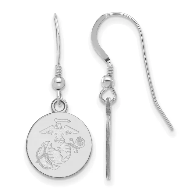 Pair of silver-colored dangle earrings with fish hook closures featuring circular medallion pendants engraved with an eagle and marine emblem design.