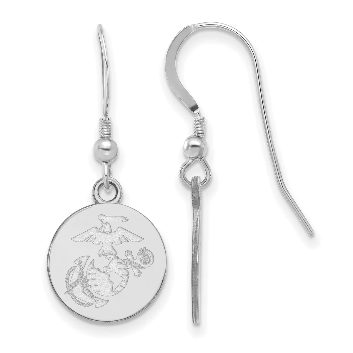Pair of silver-colored dangle earrings with fish hook closures featuring circular medallion pendants engraved with an eagle and marine emblem design.