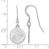 A pair of silver-toned fish hook earrings with circular medal pendants featuring an engraved eagle and shield design, shown next to a ruler measuring approximately 1.5 inches in length.