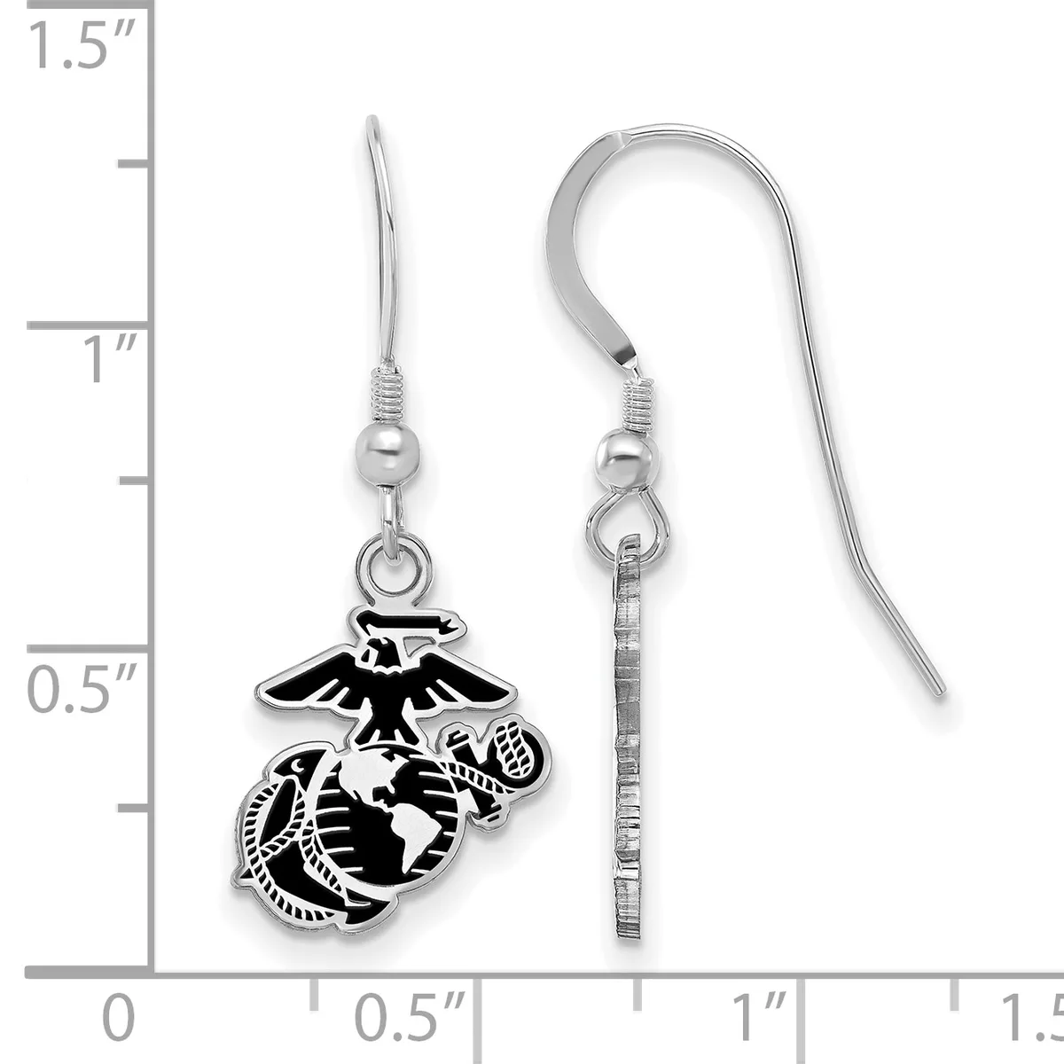 A pair of silver-toned earrings with black enamel eagle and globe charms hanging from curved wire hooks, shown next to a ruler measuring approximately one inch in length.