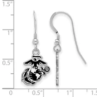 A pair of silver-toned earrings with black enamel eagle and globe charms hanging from curved wire hooks, shown next to a ruler measuring approximately one inch in length.