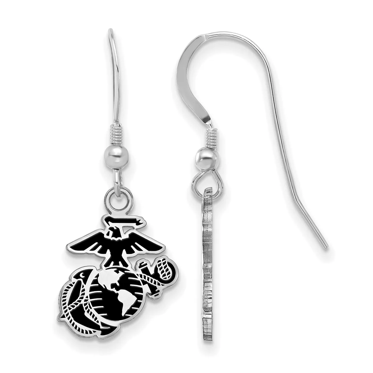 A pair of silver fishhook earrings with small beads, each suspending a black and silver Marine Corps emblem charm featuring an eagle, globe, and anchor design.