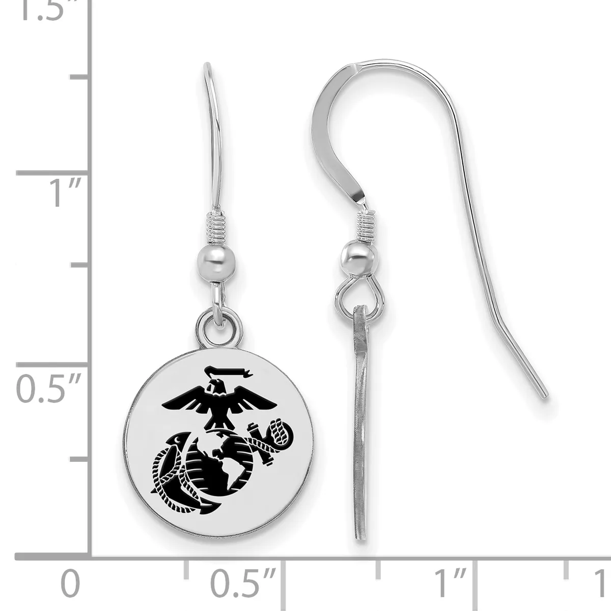 Pair of silver-toned drop earrings with a circular pendant featuring an eagle and serpent emblem, shown next to a measurement scale.