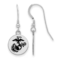 A pair of silver dangle earrings with fish hook closures, each featuring a circular disc pendant with a black Marine Corps eagle, globe, and anchor emblem.