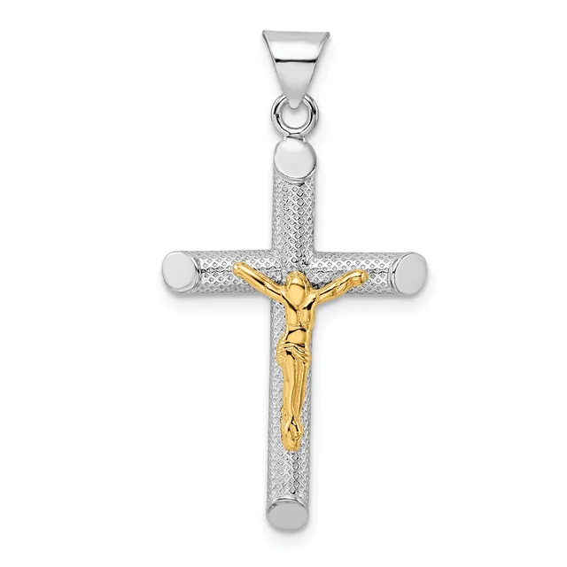 Two-tone cross pendant with textured silver finish and polished gold-tone crucifix figure, featuring a bail loop for chain attachment.