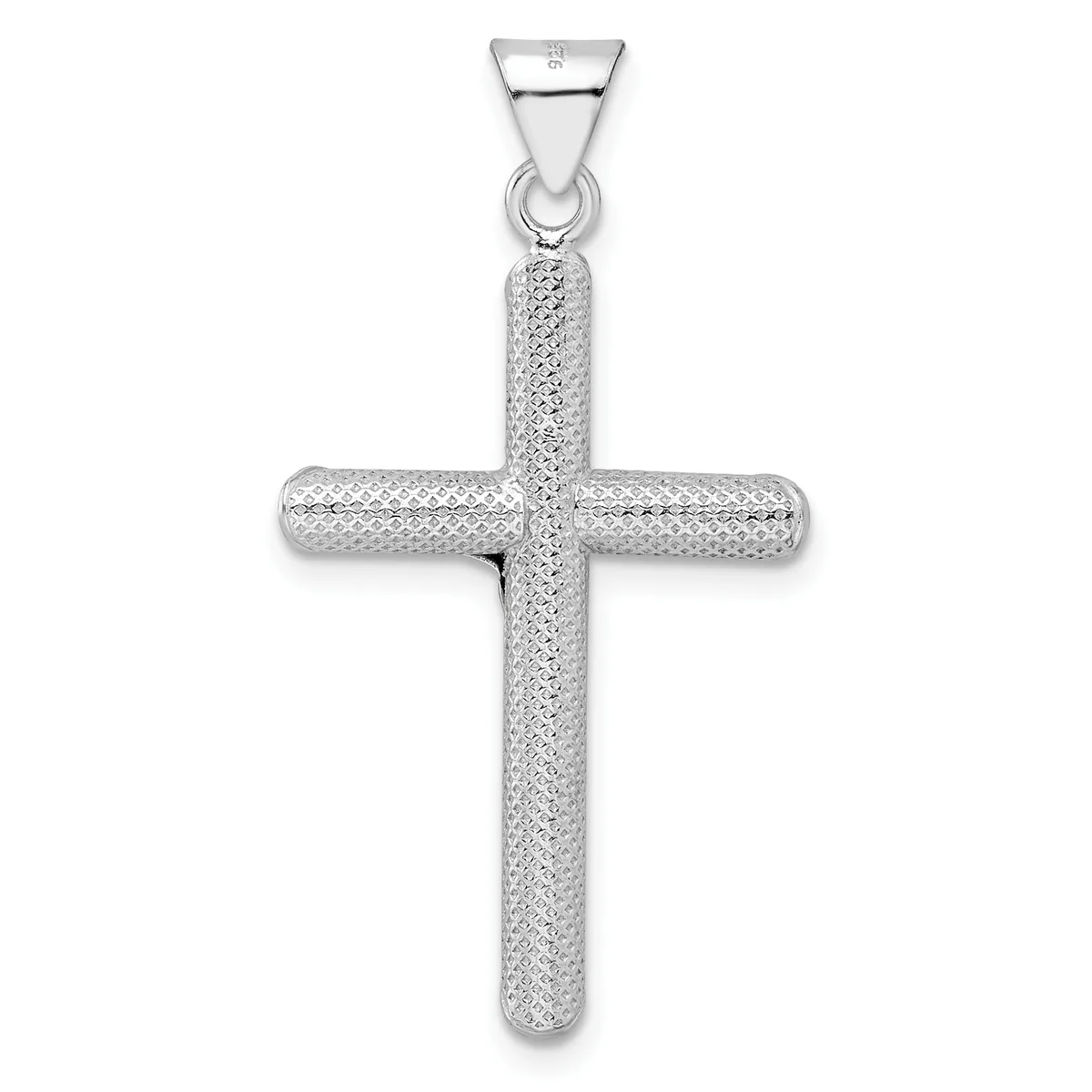 A silver cross pendant with a textured surface and rounded edges, suspended from a bail loop against a white background.