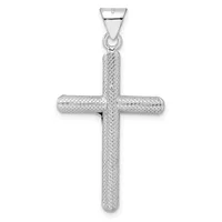 A silver cross pendant with a textured surface and rounded edges, suspended from a bail loop against a white background.