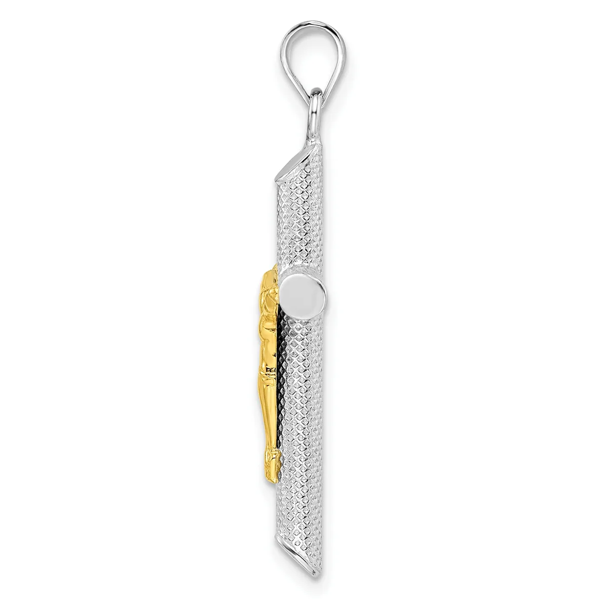 A silver textured rectangular pendant with a gold-toned clasp on the side and a silver loop attachment at the top, shown hanging vertically against a white background.