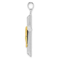 A silver textured rectangular pendant with a gold-toned clasp on the side and a silver loop attachment at the top, shown hanging vertically against a white background.