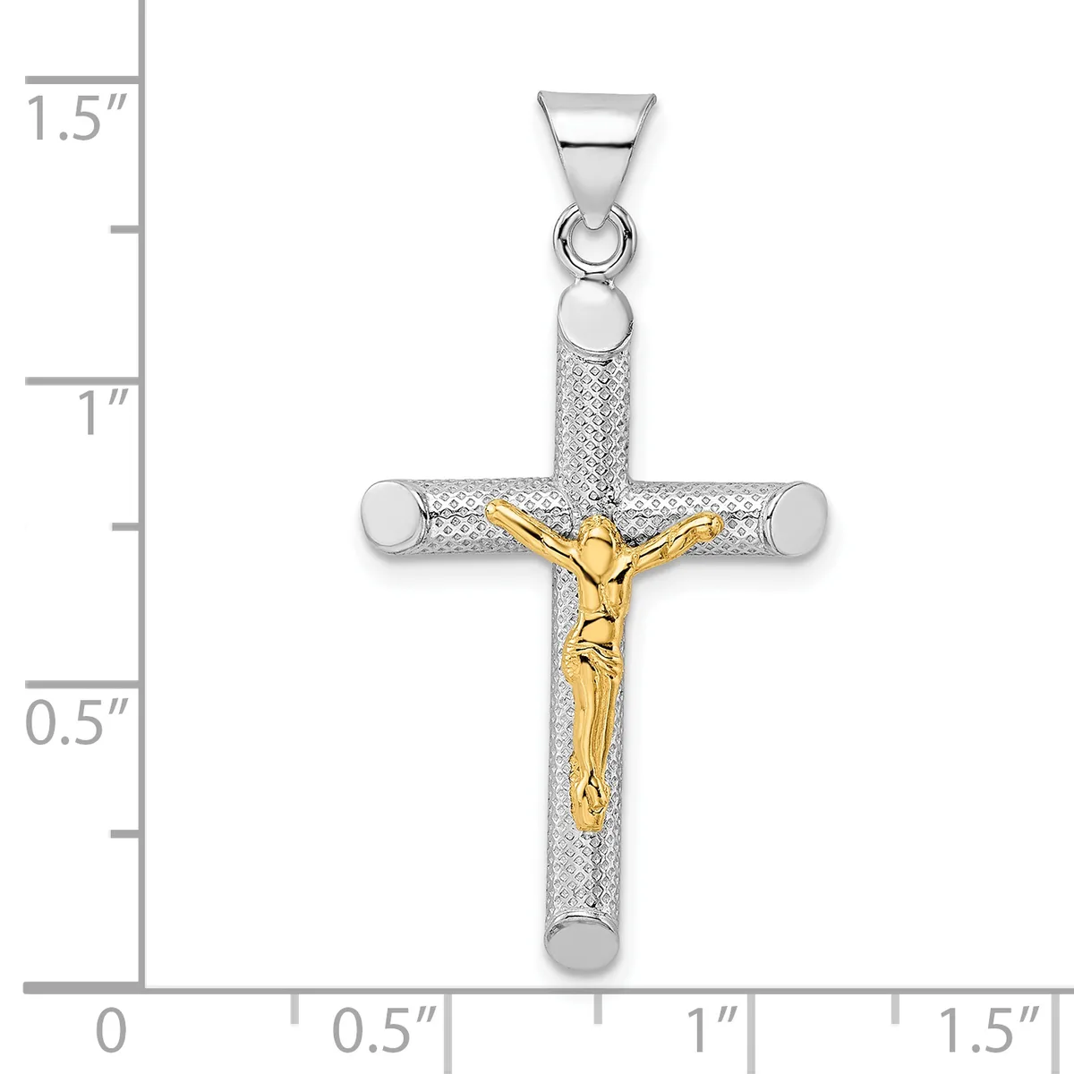 A two-tone cross pendant with a textured silver finish and gold-plated corpus figure, shown against a measurement scale indicating approximately 1.3 inches in height.