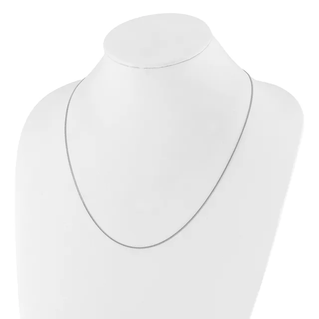 A silver snake chain necklace displayed on a white mannequin bust against a white background.