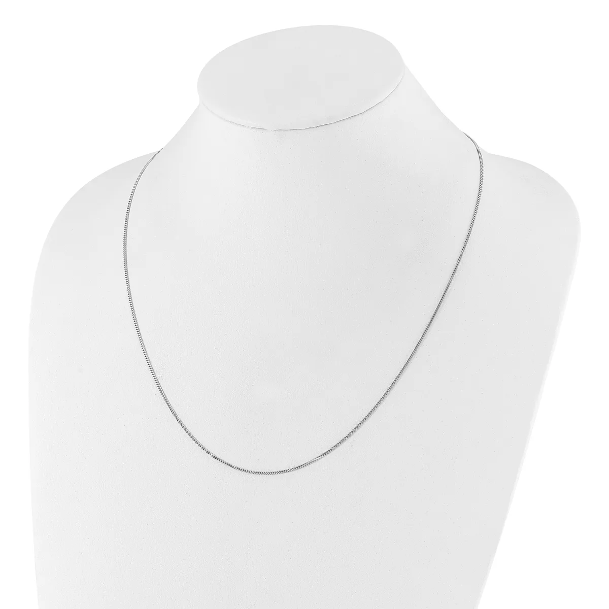 A silver snake chain necklace displayed on a white mannequin bust against a white background.