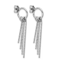 Pair of silver-toned drop earrings with circular studs at top, featuring multiple strands of textured chains hanging down with small decorative rings at the connection points.